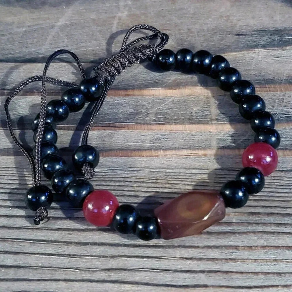 Handcrafted Tibetan Red Amber Dzi Agate Beads Healing Energy Gemstone Bracelet - Picture 4 of 5